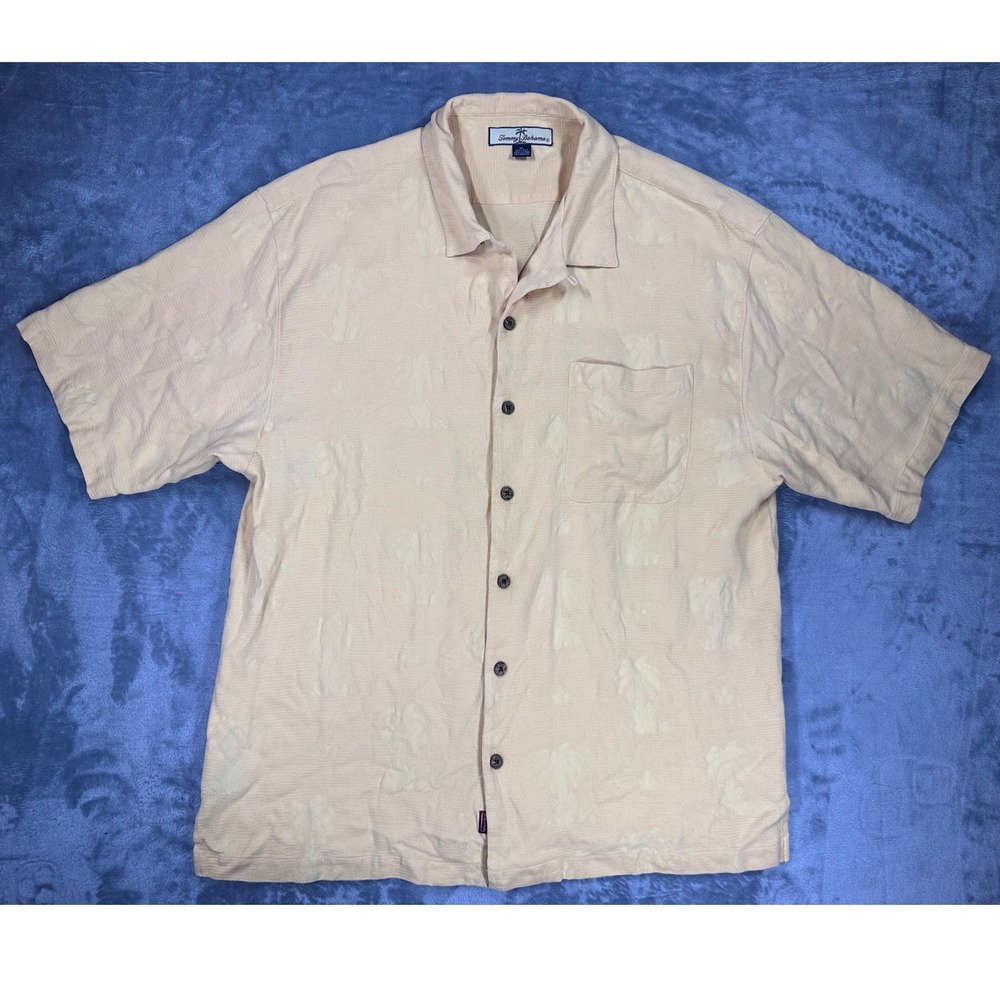 Tommy Bahama Mens XL Silk Camp Shirt Peach Tonal Palm Tree Jacquard Short Sleeve